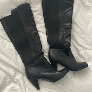 Black Leather Knee-High Heeled Boots